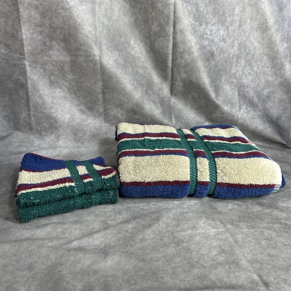 Canon Vintage‎ Towel Set Wash Cloth Bath Green Blue 90s 100% Cotton